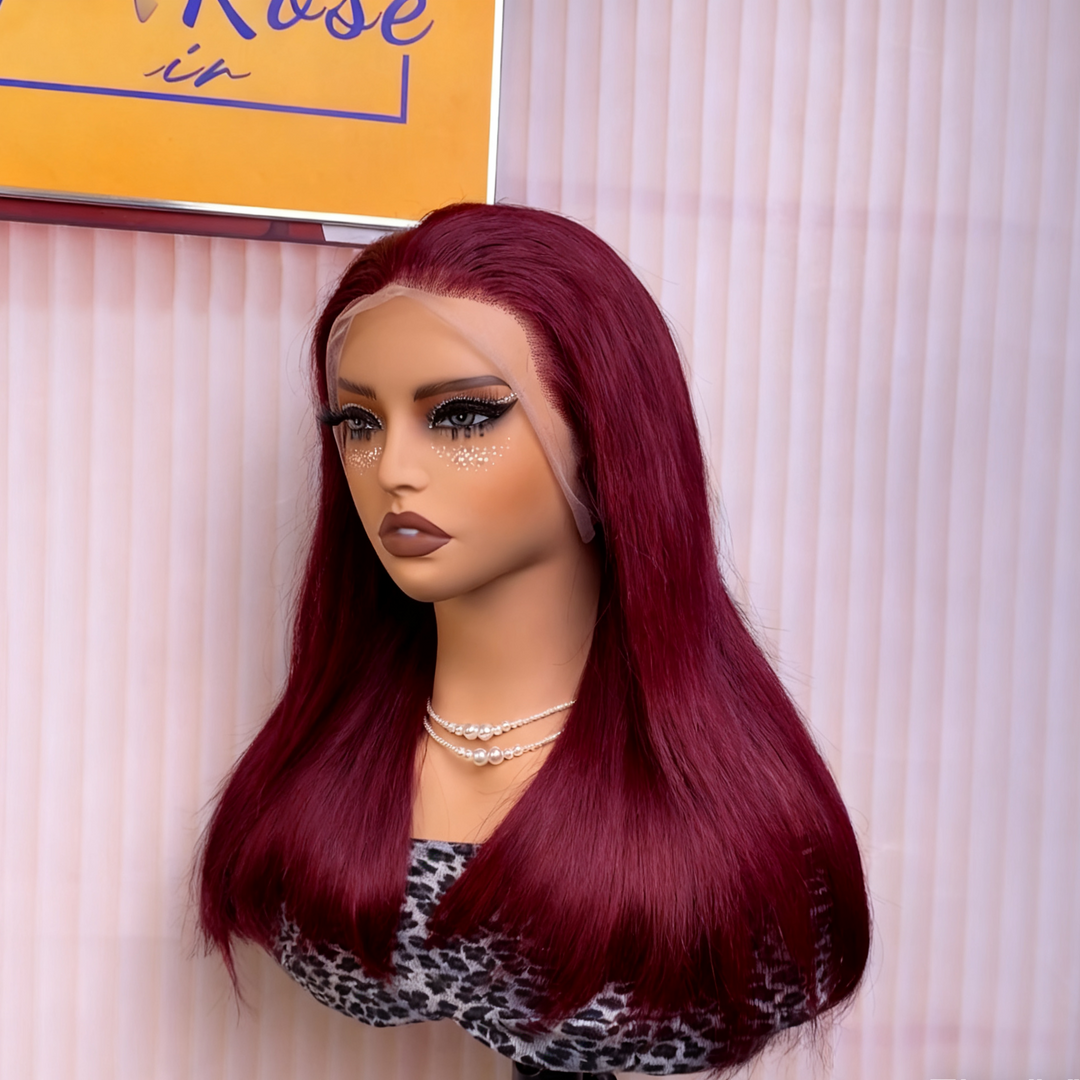 Peruvian Double Drawn Lace 13x4 Full Frontal Bob Straight Wig #99J Burgundy Color
