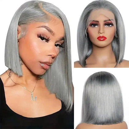 Grey Bob Wig Human Hair 13x4 Lace Frontal Wigs for Women Pre Plucked Invisible Knots