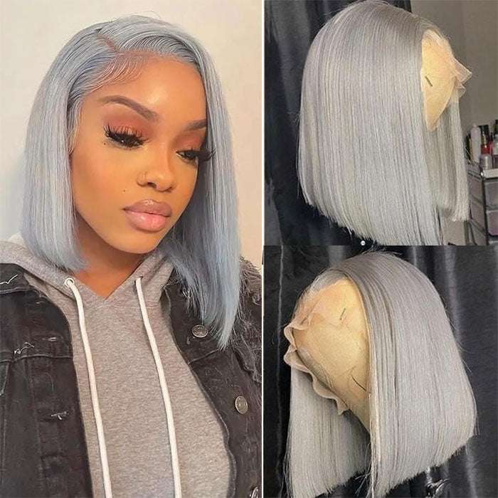 Grey Bob Wig Human Hair 13x4 Lace Frontal Wigs for Women Pre Plucked Invisible Knots