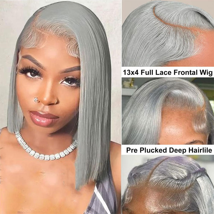 Grey Bob Wig Human Hair 13x4 Lace Frontal Wigs for Women Pre Plucked Invisible Knots