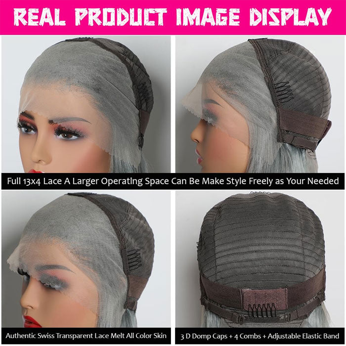 Grey Bob Wig Human Hair 13x4 Lace Frontal Wigs for Women Pre Plucked Invisible Knots