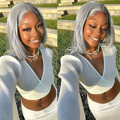 Grey Bob Wig Human Hair 13x4 Lace Frontal Wigs for Women Pre Plucked Invisible Knots