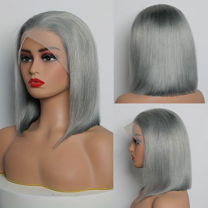 Grey Bob Wig Human Hair 13x4 Lace Frontal Wigs for Women Pre Plucked Invisible Knots