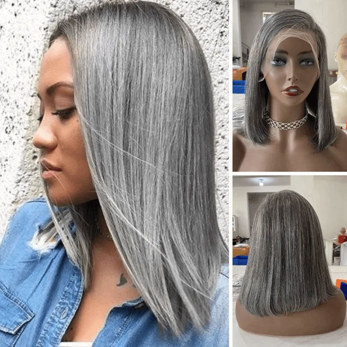 Grey Bob Wig Human Hair 13x4 Lace Frontal Wigs for Women Pre Plucked Invisible Knots