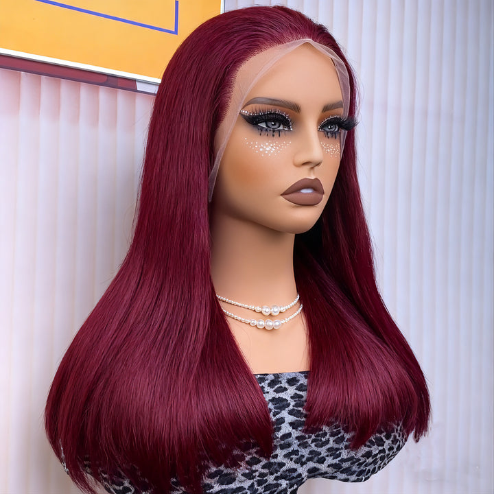 Peruvian Double Drawn Lace 13x4 Full Frontal Bob Straight Wig #99J Burgundy Color