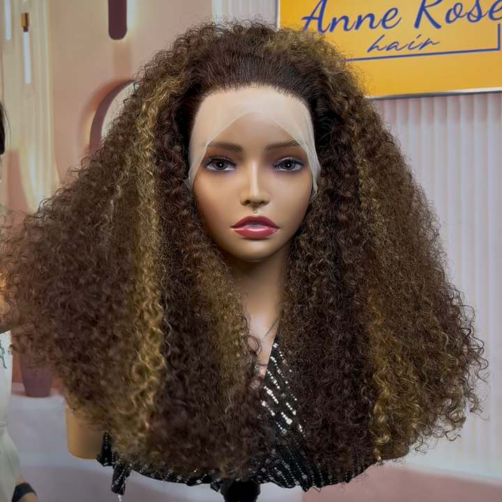 Peruvian Double Drawn 13x4 Lace Full Frontal Bob Jerry Curly Wig #P4/27 Piano Color