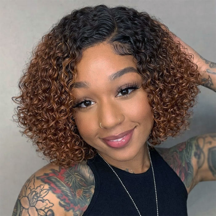 Ombre Brown T1B/4 Color 13x4 Lace Full Frontal Wig Short Bob Jerry Curly Human Hair