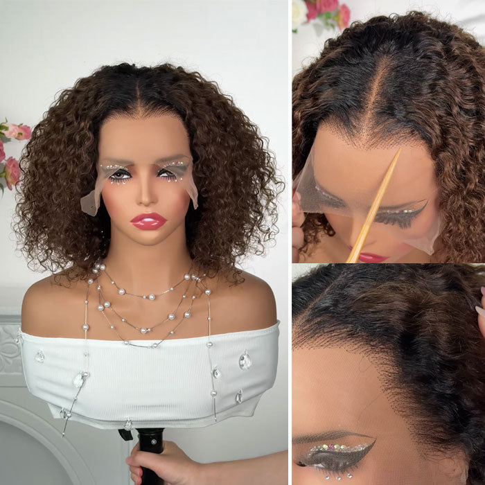 Ombre Brown T1B/4 Color 13x4 Lace Full Frontal Wig Short Bob Jerry Curly Human Hair