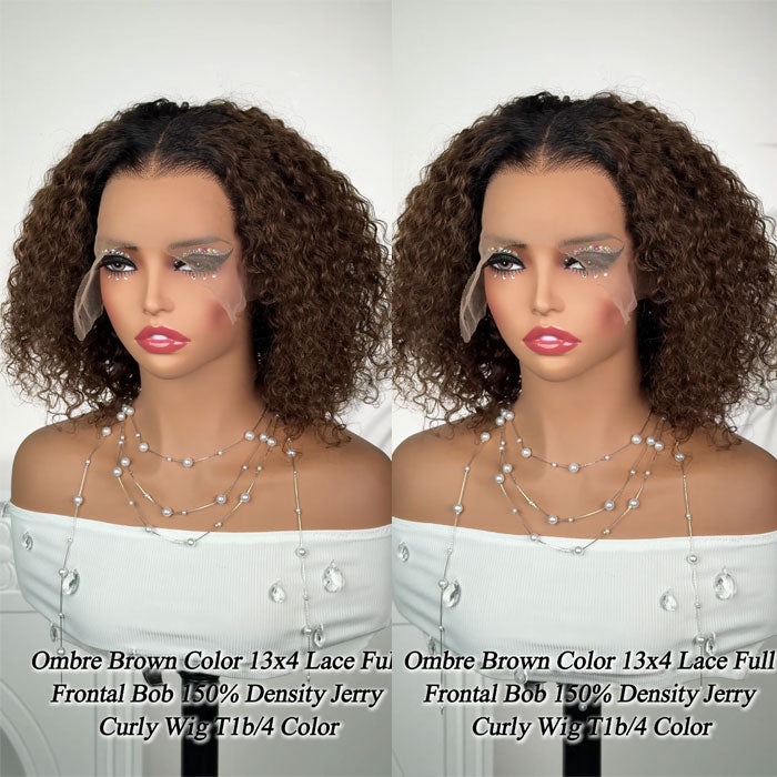 Ombre Brown T1B/4 Color 13x4 Lace Full Frontal Wig Short Bob Jerry Curly Human Hair