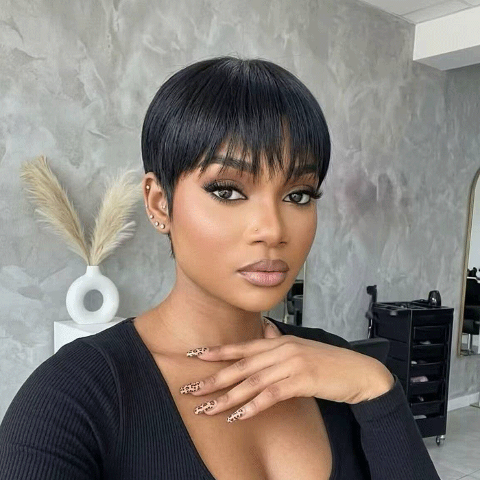 Pixie Cut Short Realistic Scalp Fringe Wig with Adjustable Drawstring Black And Brown Color Human Hair