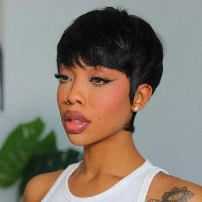 Pixie Cut Short Realistic Scalp Fringe Wig with Adjustable Drawstring Black And Brown Color Human Hair