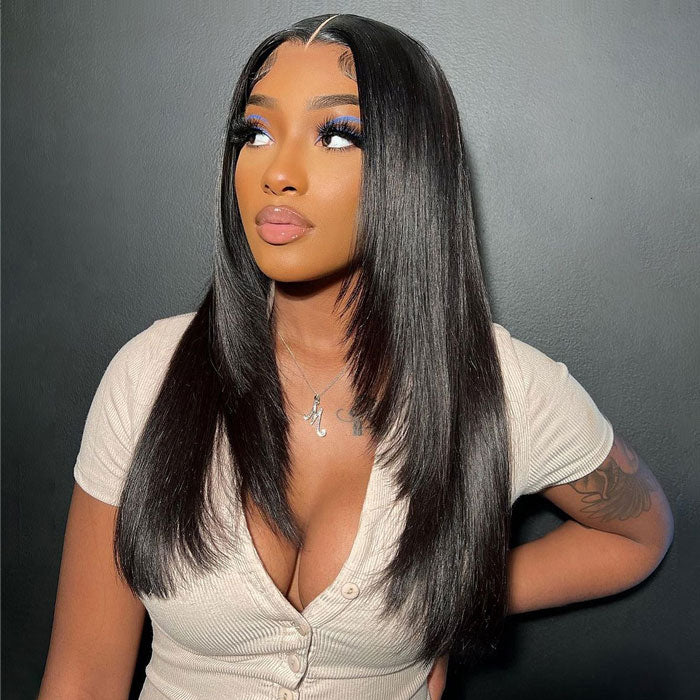 Pre Sale Layered Cut Straight Glueless 4x4 Lace Closure Wig with Drawstring 100% Human Hair