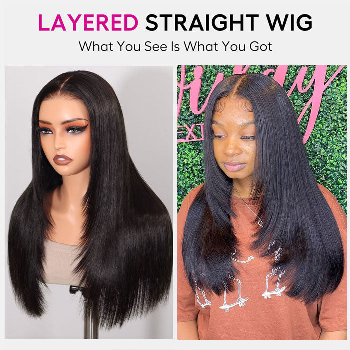 Pre Sale Layered Cut Straight Glueless 4x4 Lace Closure Wig with Drawstring 100% Human Hair