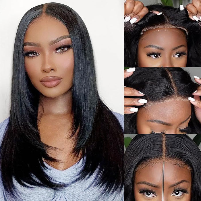 Pre Sale Layered Cut Straight Glueless 4x4 Lace Closure Wig with Drawstring 100% Human Hair