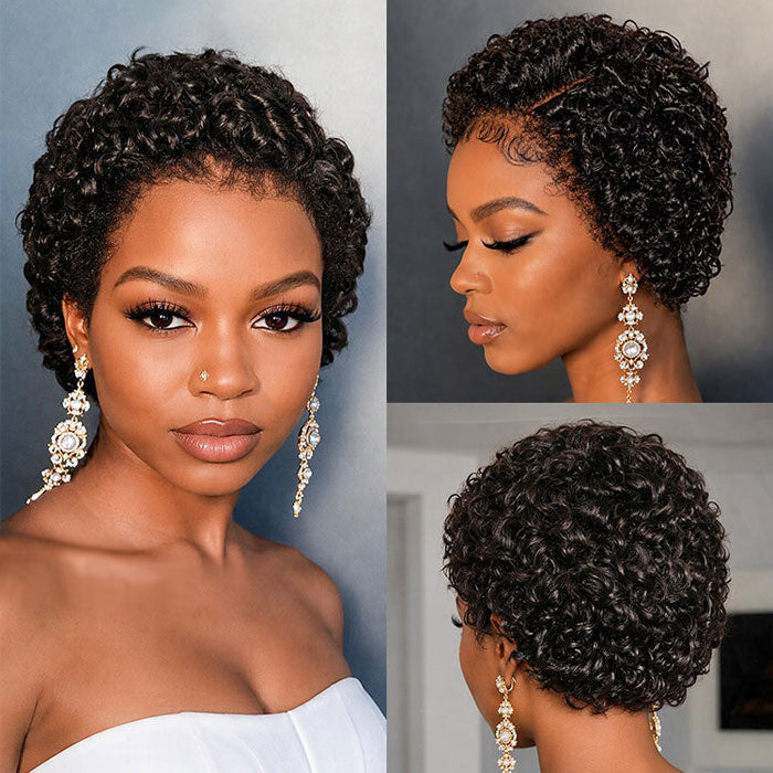 Short Pixie Cut Curly with Kinky Edges 13x4 Lace Full Frontal Wig Glueless Human Hair