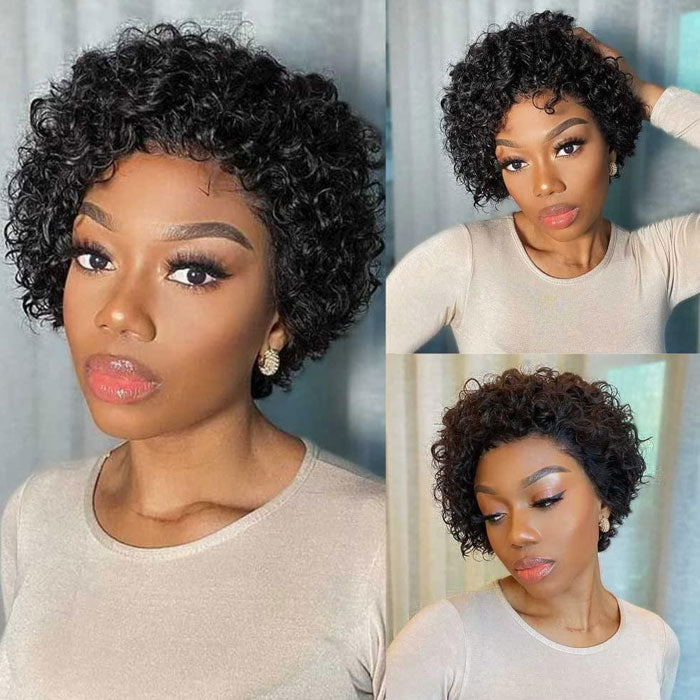 Short Pixie Cut Curly with Kinky Edges 13x4 Lace Full Frontal Wig Glueless Human Hair