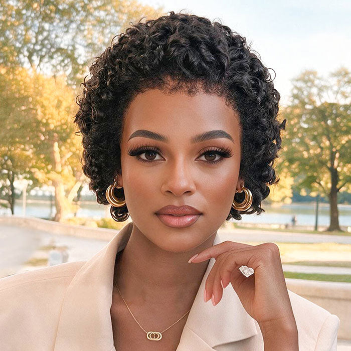 Short Pixie Cut Curly with Kinky Edges 13x4 Lace Full Frontal Wig Glueless Human Hair