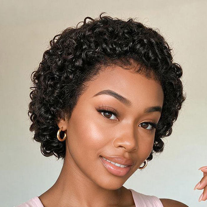 Short Pixie Cut Curly with Kinky Edges 13x4 Lace Full Frontal Wig Glueless Human Hair