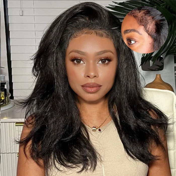 Side Part Wavy with Kinky Edges Pre Cut 6x5 Lace Wig Glueless Wear and Go Kinky Straight