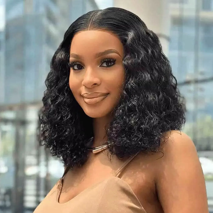 Single Drawn Lace 4x4 Closure Bob Water Wave Wig 100% Human Hair
