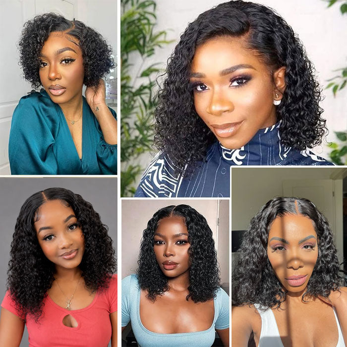 Single Drawn Lace 4x4 Closure Bob Water Wave Wig 100% Human Hair