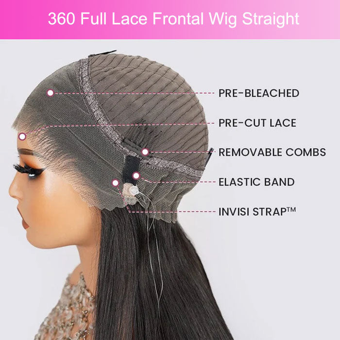 Update Invisi Strap 360 Full Frontal Lace Wig Silky Straight 300% Density Human Hair