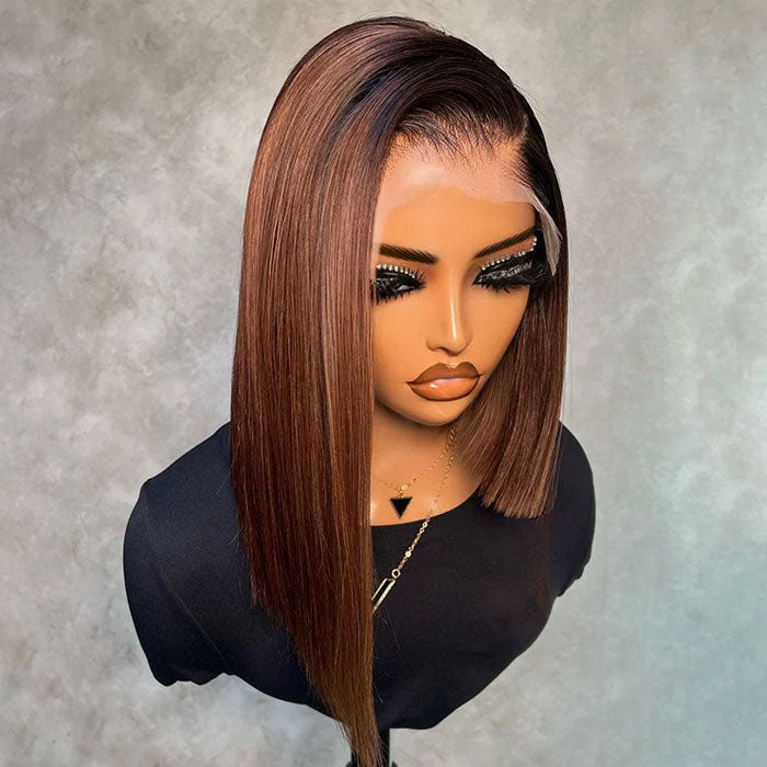 A shoulder-length straight wig with side parting, shown on a mannequin bust against a textured gray background. The wig features a dark brown base with warm auburn highlights.