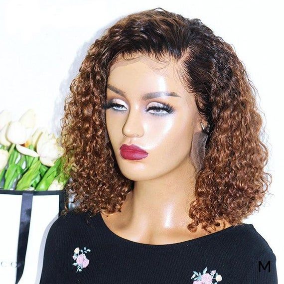 Peruvian Single Drawn Lace 13x4 Full Frontal Bob Jerry Curly Wig T1b/4 Brown Color