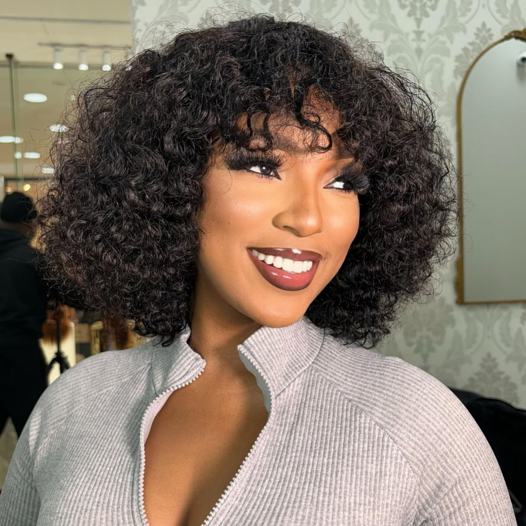 SPECIAL| Peruvian Human Hair Jerry Curly Fringe Bob Wig with Bangs