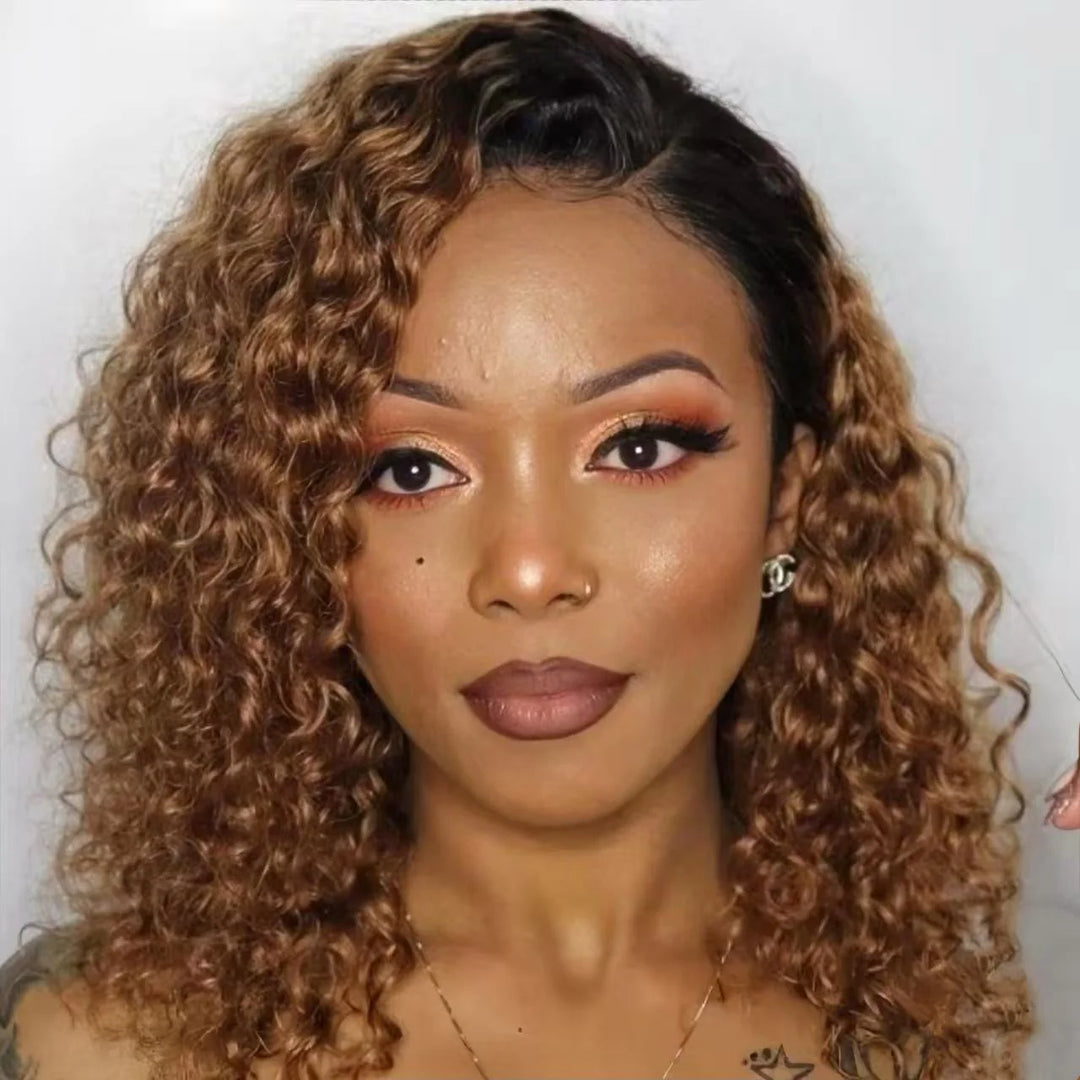 Ombre Brown Color 13x4 Lace Full Frontal Bob Jerry Curly Wig T1b/4 Color