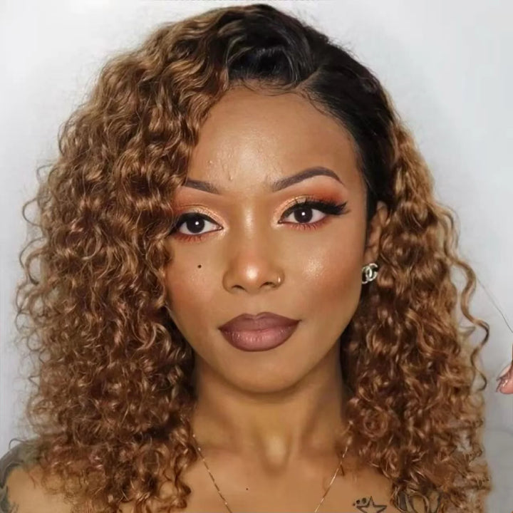 Ombre Brown Color 13x4 Lace Full Frontal Bob Jerry Curly Wig T1b/4 Color