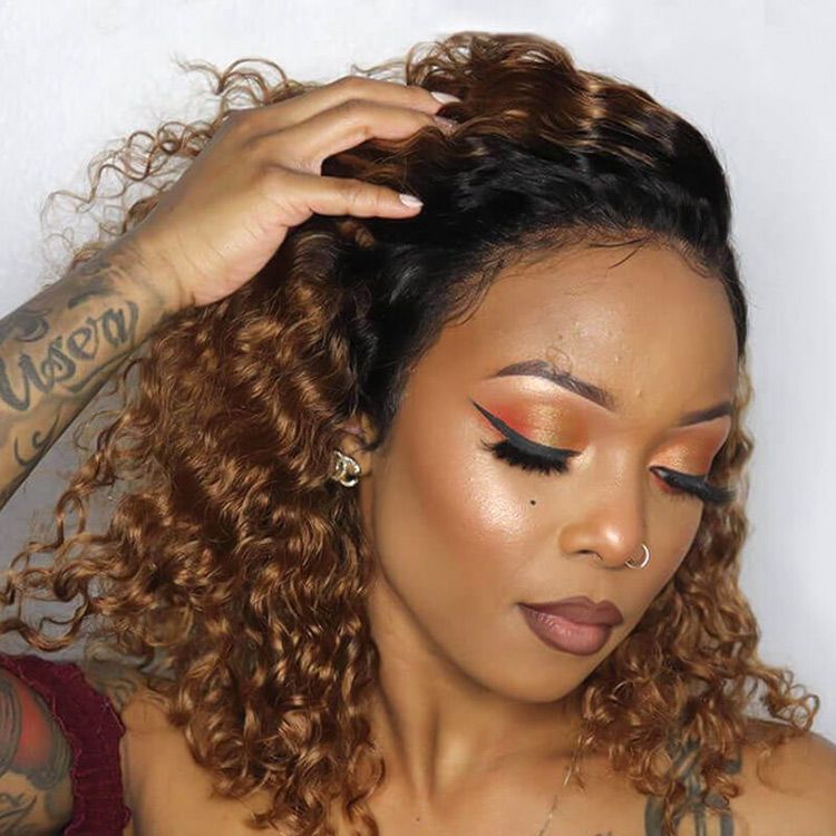 Peruvian Single Drawn Lace 13x4 Full Frontal Bob Jerry Curly Wig T1b/4 Brown Color