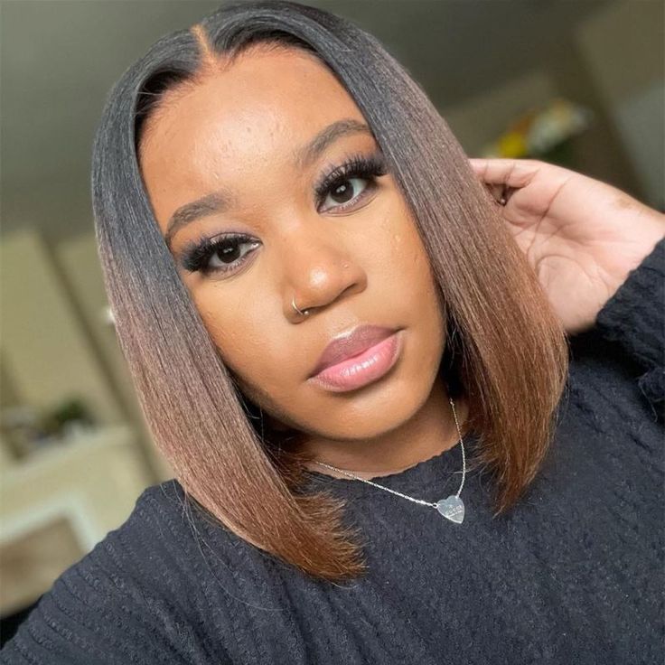 Peruvian Double Drawn Lace 13x4 Full Frontal Bob Straight Wig Ombre Dark Brown T1B/4 Color