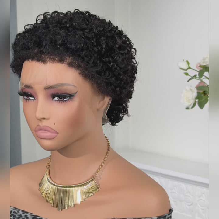 Short Pixie Cut Curly with Kinky Edges 13x4 Lace Full Frontal Wig Glueless Human Hair