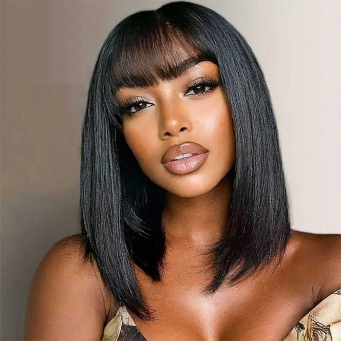Glueless Light Yaki Straight 3x1 Lace Fringe Wig with Adjustable Drawstring Human Hair