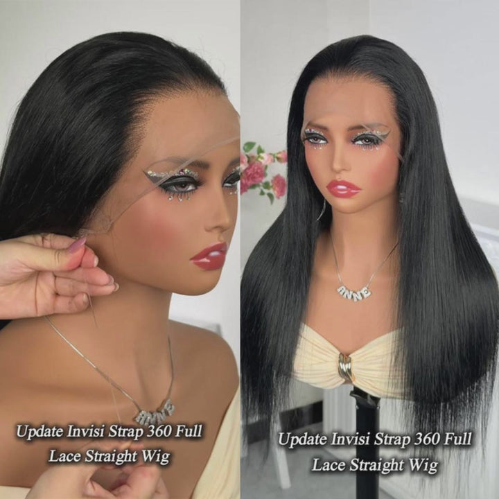 Update Invisi Strap 360 Full Frontal Lace Wig Pre Plucked Silky Straight 100% Human Hair